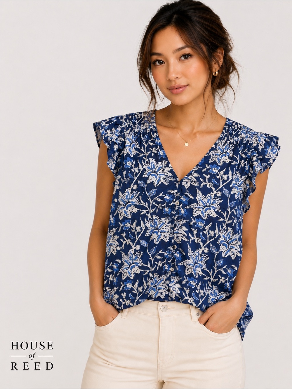 Jennifer Grace Blue Floral Blouse Large Ruffle Sleeve V Neck Lightweight Cotton